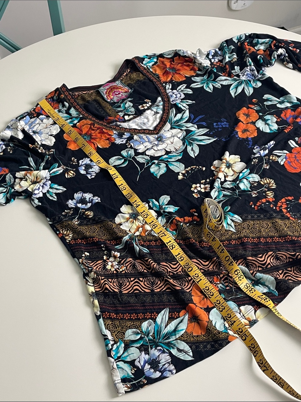 Johnny Was Black Floral V-Neck Blouse with Teal and Orange Accents - Picture 13 of 14